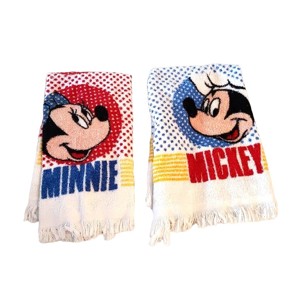 Set of 2 Vintage Cannon Mickey Mouse & Minnie Mouse 100% Cotton Fringe Towels